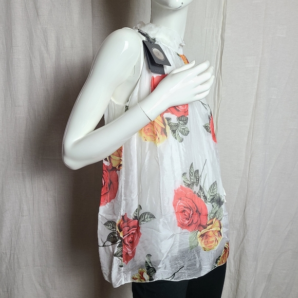 M Made in Italy Women's Silk Floral Roses Sheer Tie Back Sleeveless Blouse - Picture 4 of 14